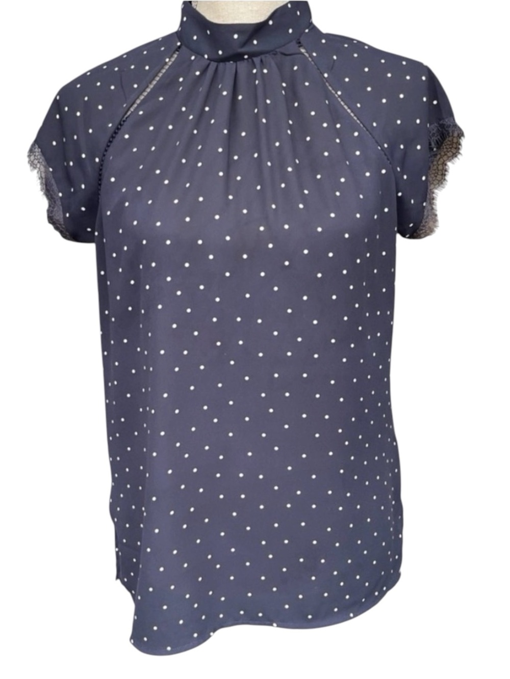 RW&CO. Navy Polka Dot Mandarin Neck Cap Sleeve Lace/Eyelet Accent Top (M)